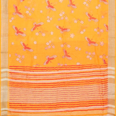 Orange Handloom Linen Saree With Printed Bird Motifs