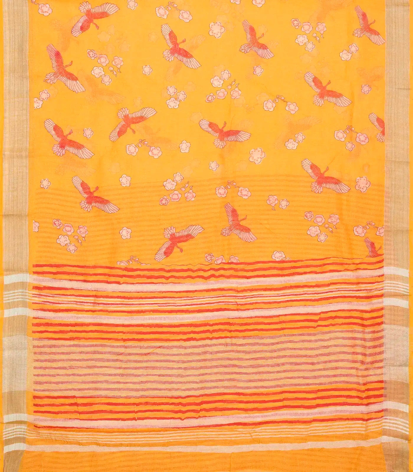 Orange Handloom Linen Saree With Printed Bird Motifs