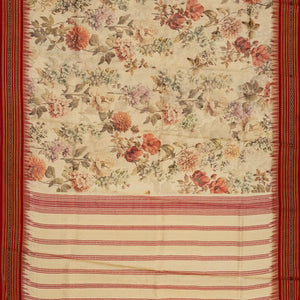 Beige Handloom Tussar Silk Saree With Printed Floral Motifs & Contrast Border