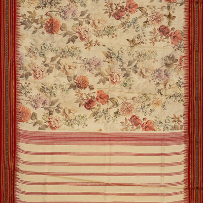 Beige Handloom Tussar Silk Saree With Printed Floral Motifs & Contrast Border