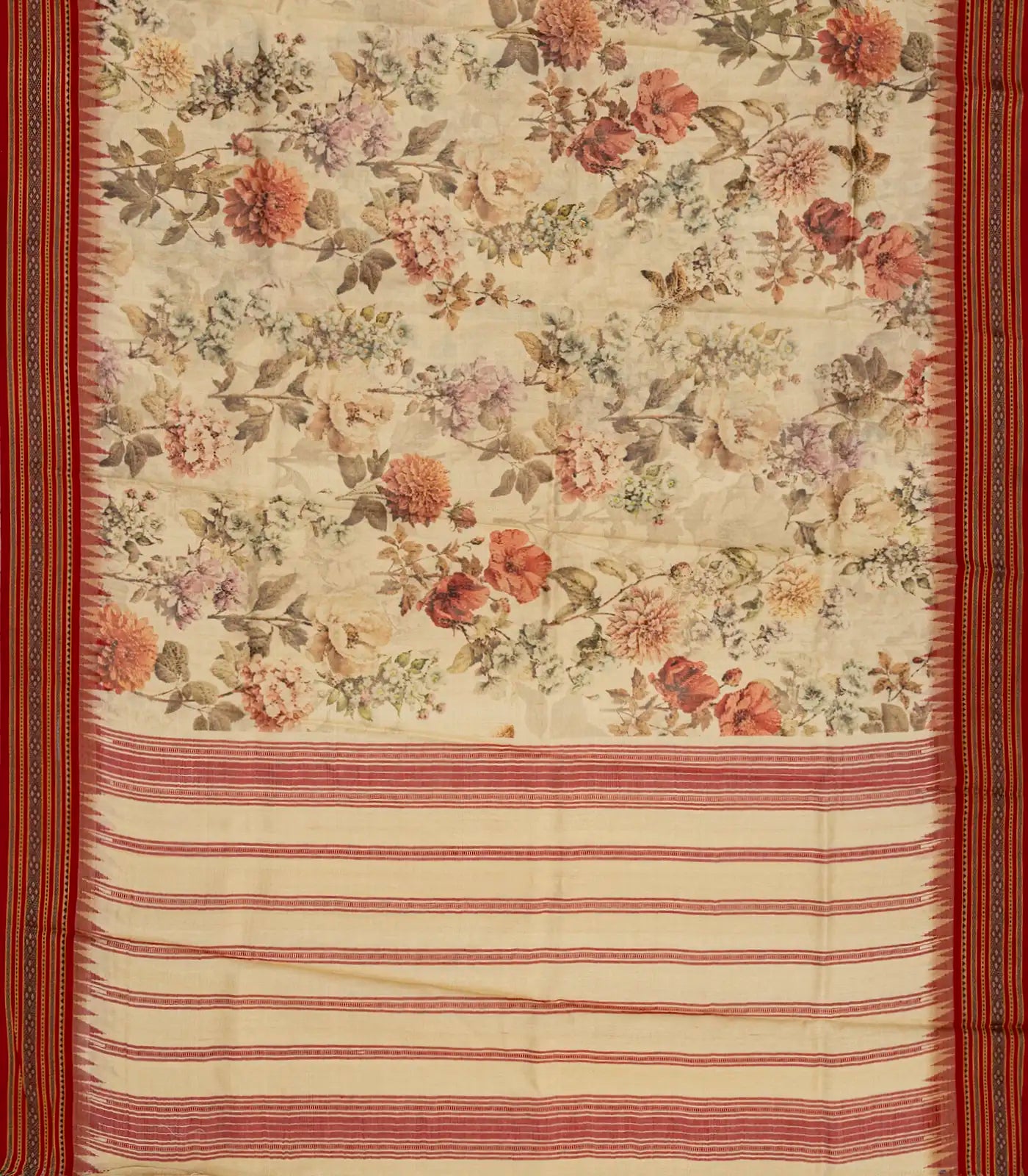 Beige Handloom Tussar Silk Saree With Printed Floral Motifs & Contrast Border