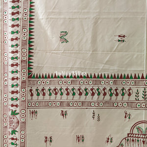 Off-White Tribal Art Konark Temple Hand-Painted Pattachitra Saree