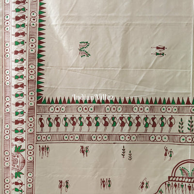 Off-White Tribal Art Konark Temple Hand-Painted Pattachitra Saree