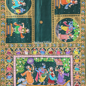Bottle Green Boita Krishna Leela Hand-Painted Pattachitra Saree
