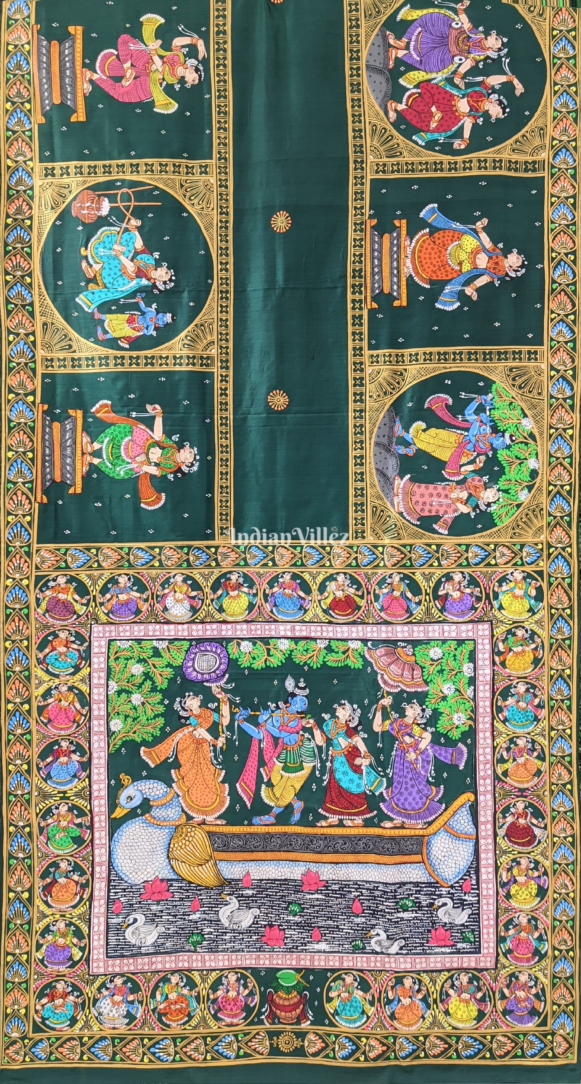 Bottle Green Boita Krishna Leela Hand-Painted Pattachitra Saree
