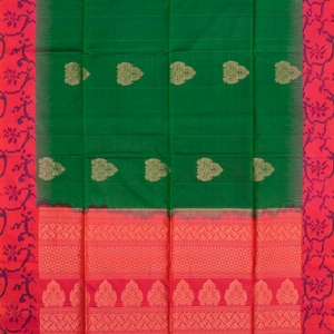 Dark Green Handloom Soft Silk Saree With Butta & Red Border-Dark Green