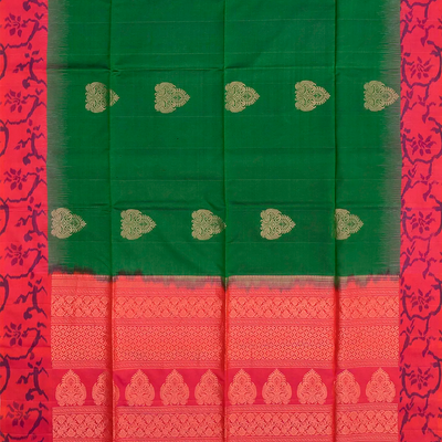 Dark Green Handloom Soft Silk Saree With Butta & Red Border-Dark Green