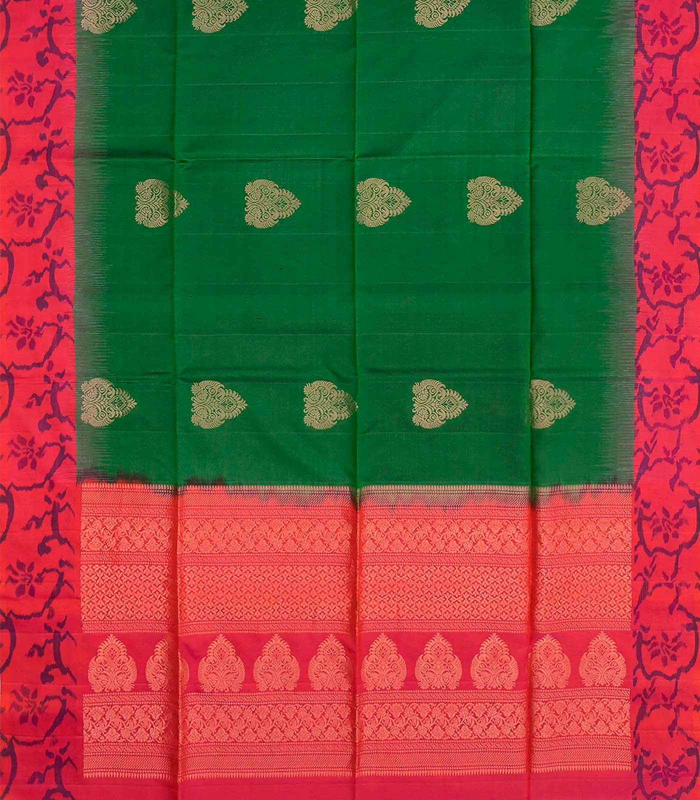 Dark Green Handloom Soft Silk Saree With Butta & Red Border-Dark Green