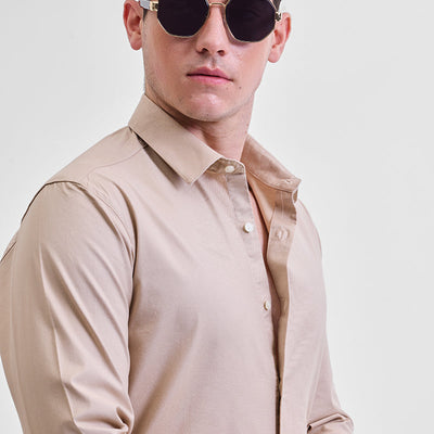 Beige Stretchable Slim Fit Shirt