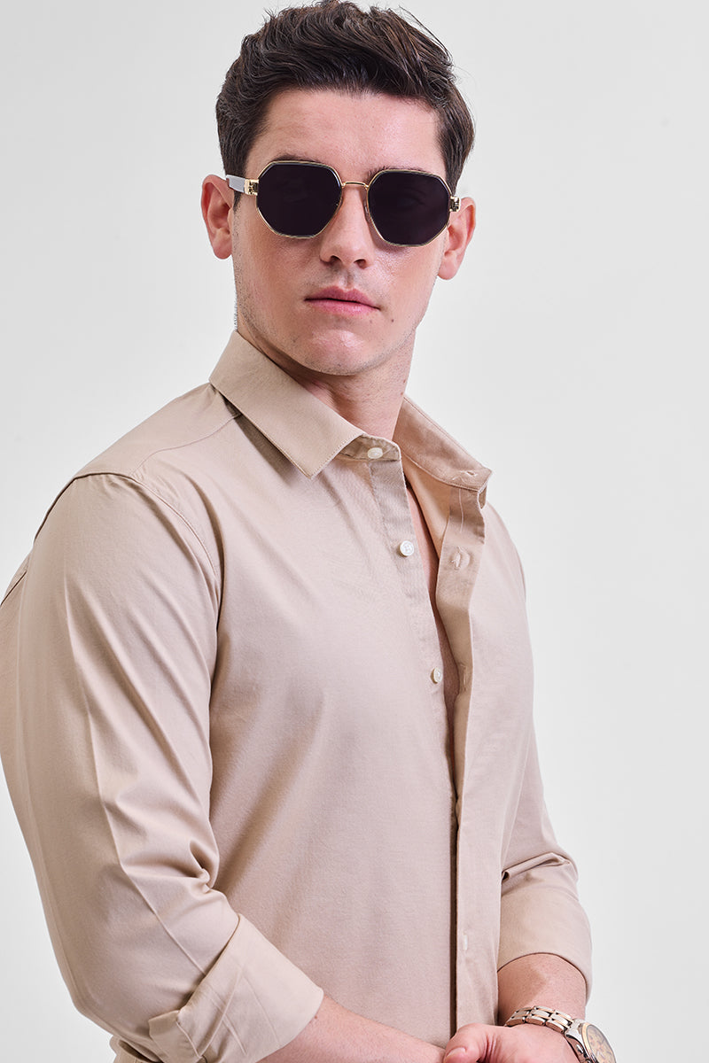 Beige Stretchable Slim Fit Shirt