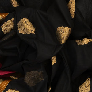Black Handloom Kanchi Cotton Saree With Gandaberunda Buttas