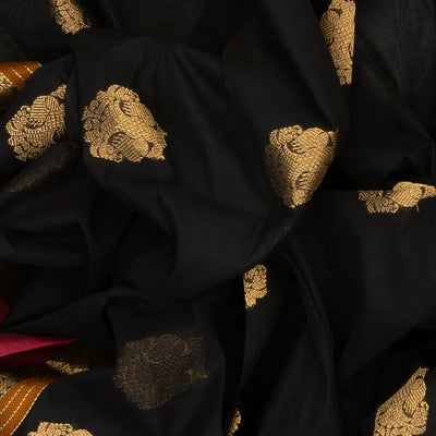 Black Handloom Kanchi Cotton Saree With Gandaberunda Buttas