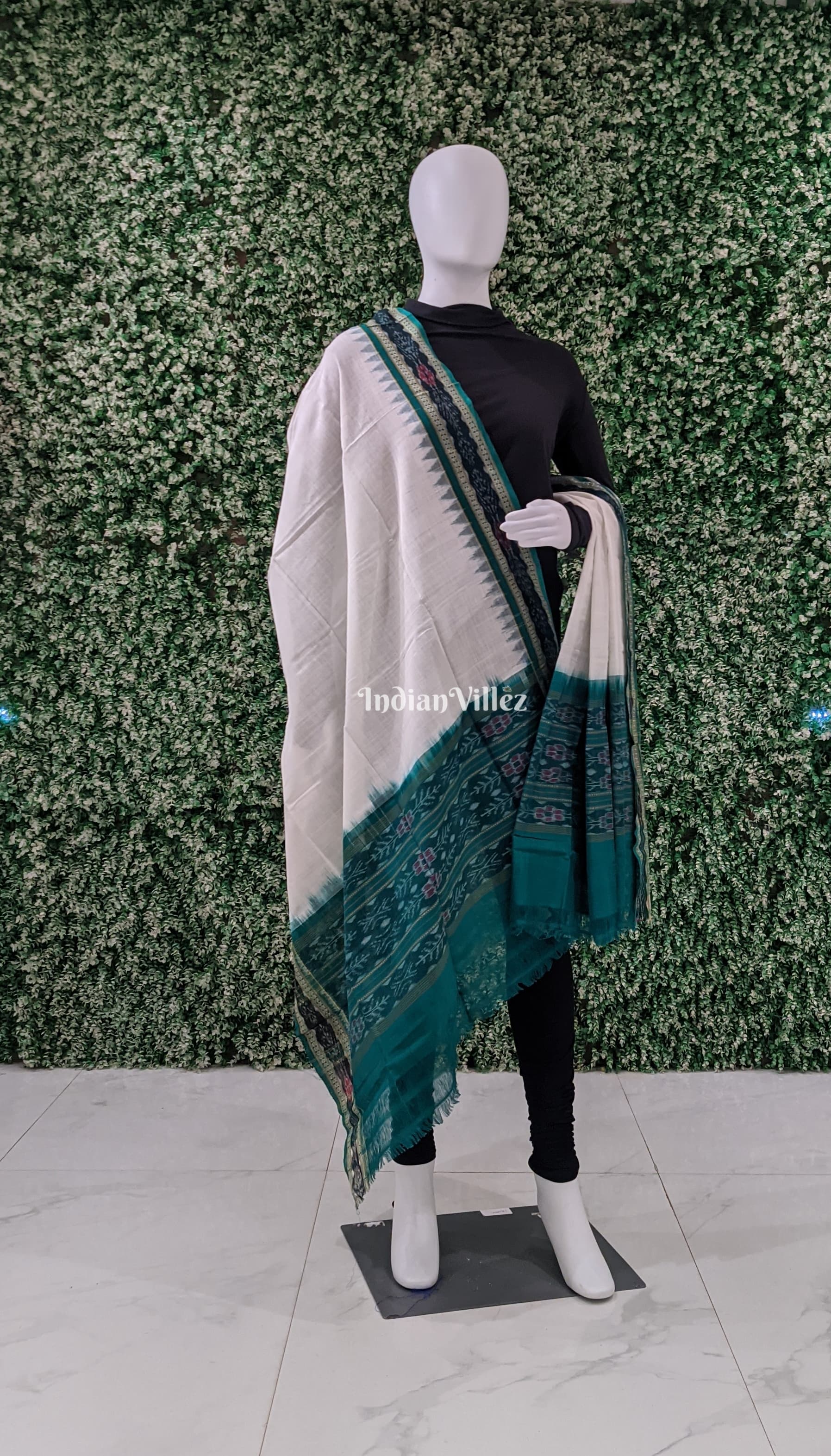 White Bottle Green Handwoven Odisha Ikat Cotton Dupatta