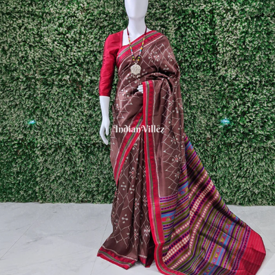 Brown Ganthiapali Theme Contemporary Silk Saree with Dongria Border and Pallu