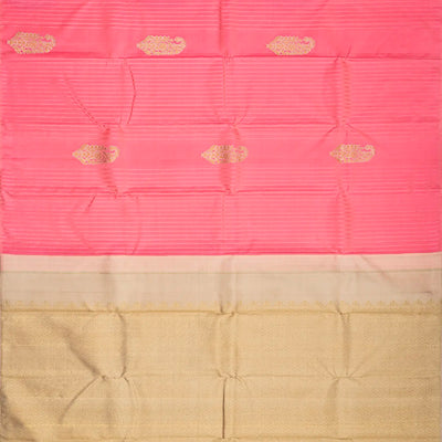 Bubblegum Pink Handloom Kanchipuram Silk Saree With Stripes And Buttas