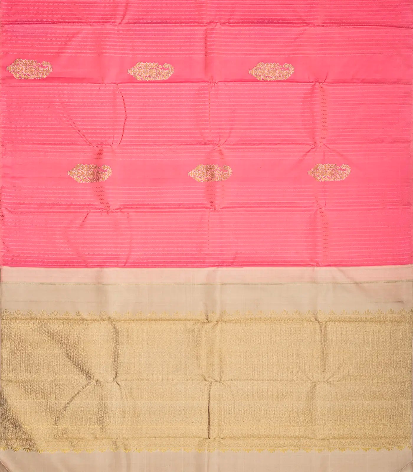 Bubblegum Pink Handloom Kanchipuram Silk Saree With Stripes And Buttas
