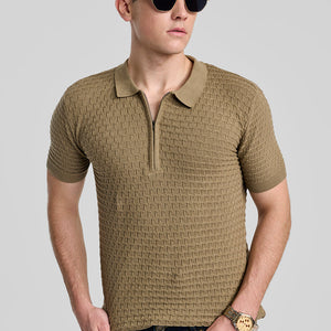 Khaki Zipper Knitted Polo T-Shirt