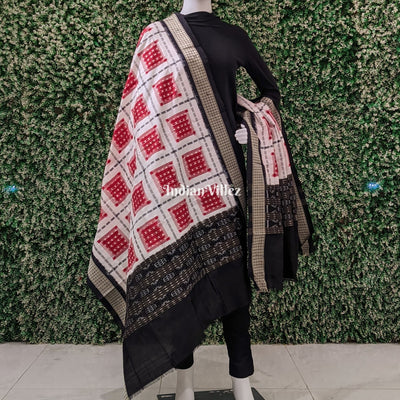 White Red Ashwin Theme Pure Sambalpuri Silk Dupatta