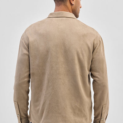 Beige Suede Snap Button Overshirt