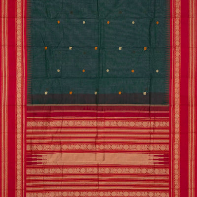 Teal Handloom Korvai Kanchi Cotton Saree With Annam Buttas