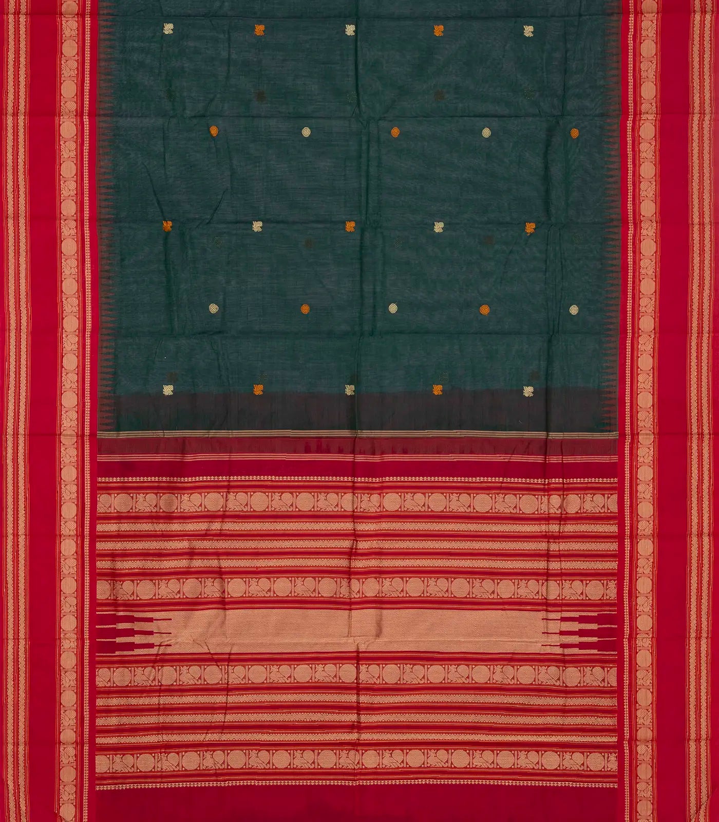 Teal Handloom Korvai Kanchi Cotton Saree With Annam Buttas