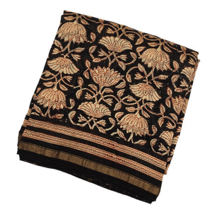 Black Chanderi Cotton Saree Printed With Floral Vine Motifs