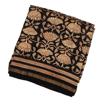 Black Chanderi Cotton Saree Printed With Floral Vine Motifs