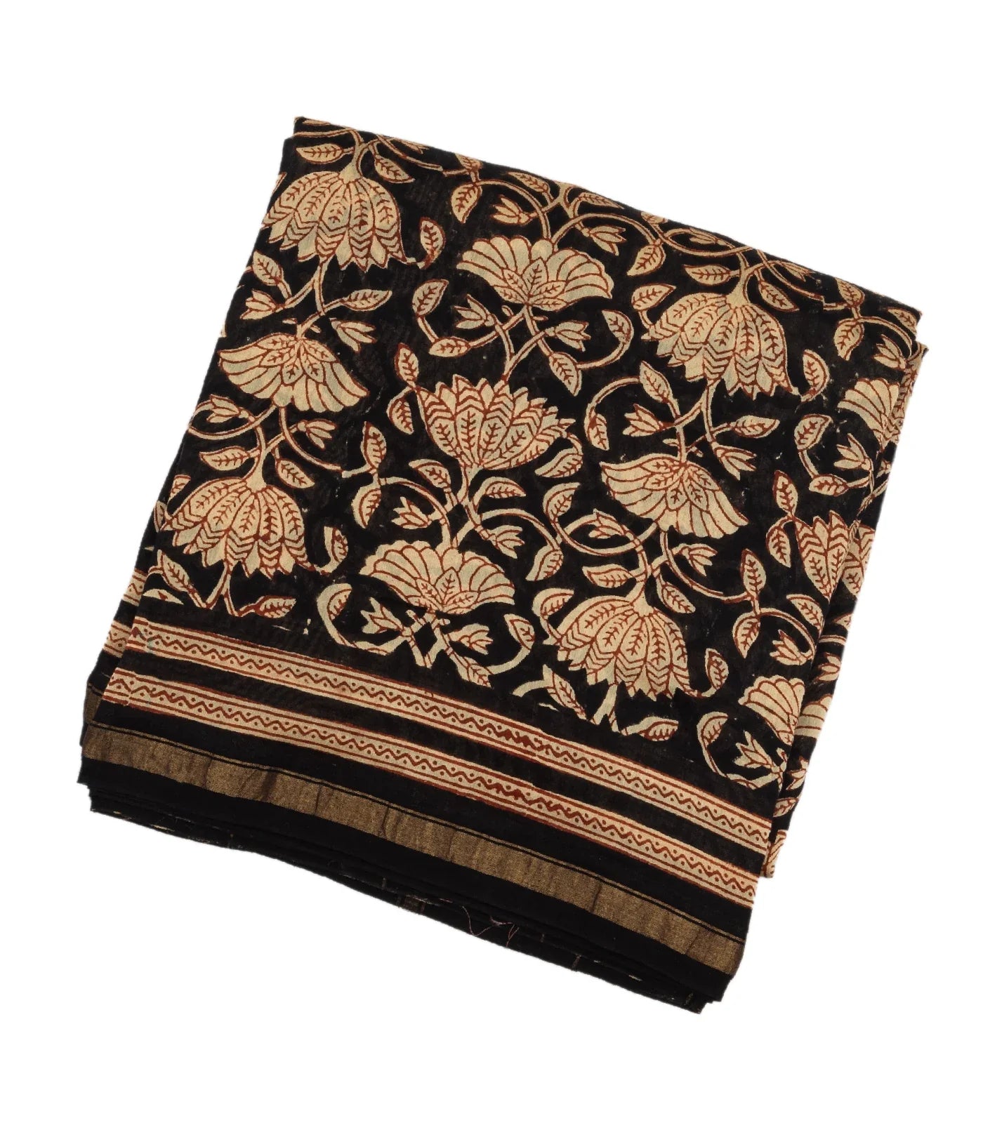Black Chanderi Cotton Saree Printed With Floral Vine Motifs