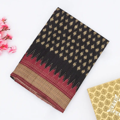 Black Tussar Silk Saree Is Printed With Floral Motifs