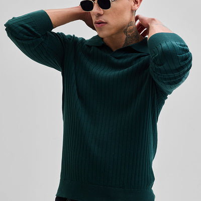 Dark Green Textured Polo T-Shirt
