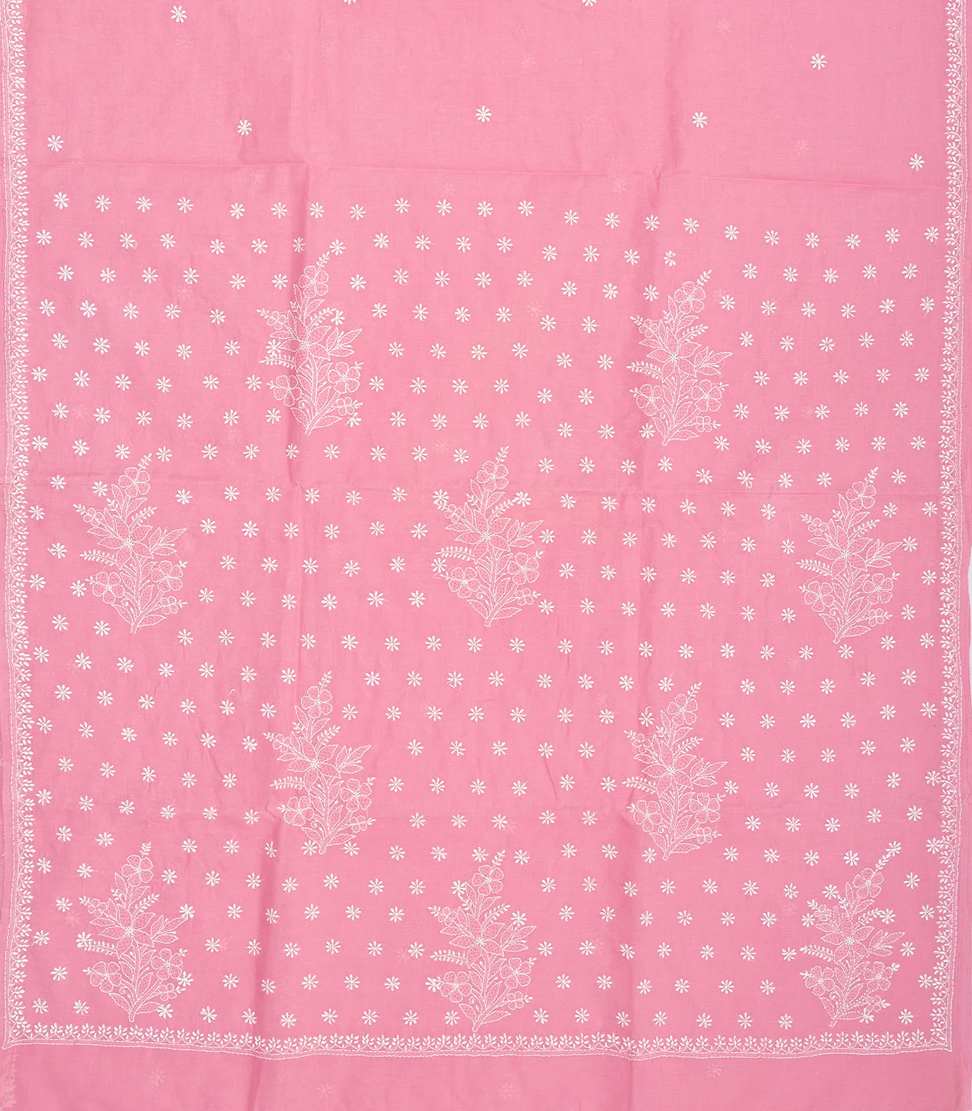 Bubble gum Pink Chikankari Embroidered Cotton Saree With Floral Motifs