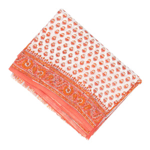 White Woven Jaipur Cotton Saree Printed With Peach Flower  Motifs