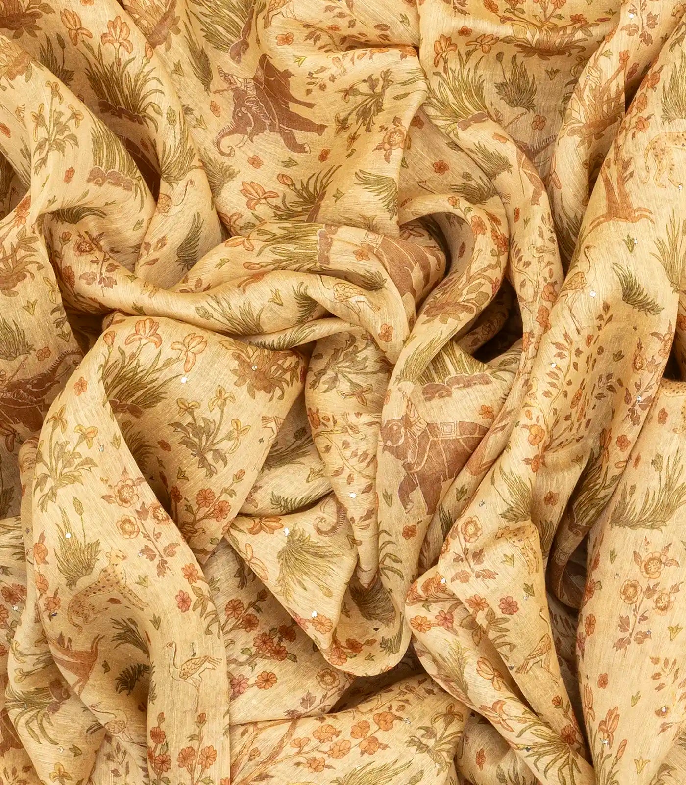 Light Yellow Handwoven Linen Saree Printed With Elephant Motifs