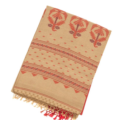 Beige Handloom Bengal Cotton Saree With Red Border