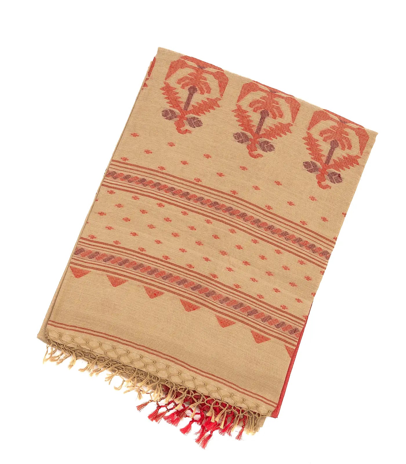 Beige Handloom Bengal Cotton Saree With Red Border