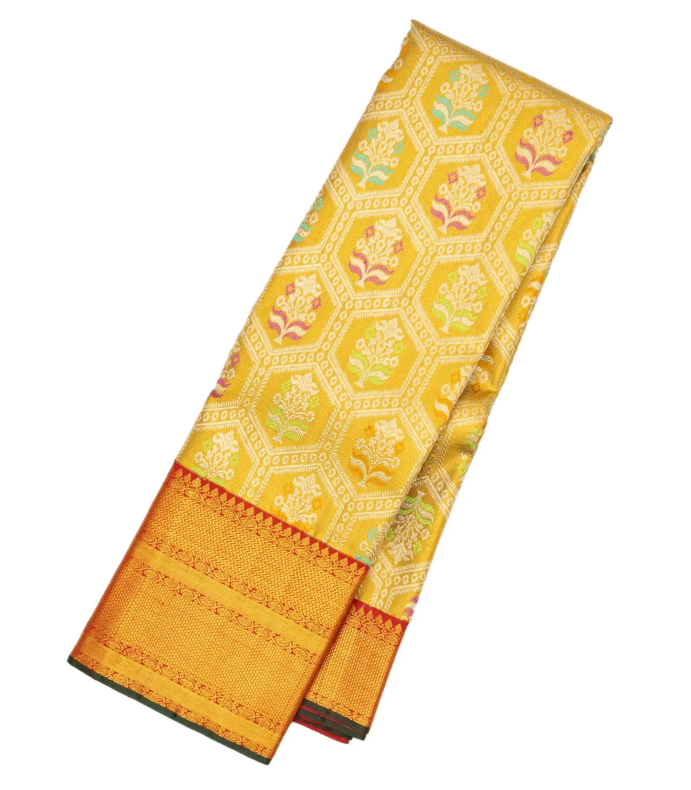 Gold Handloom Kanchipuram Tissue Silk Saree With Meena Floral Motifs