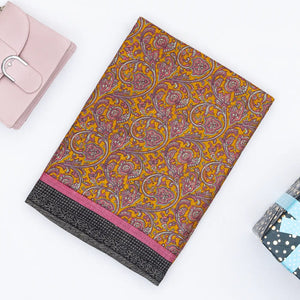 Mustard Handloom Tussar Silk Saree Printed With Flower Motifs