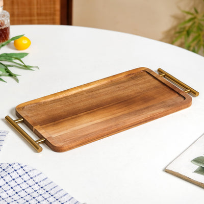 Acacia Wood Flat Serving Tray With Handles