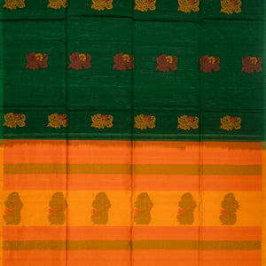 Green Handloom Kora Silk Cotton Saree With Floral Motifs