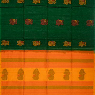 Green Handloom Kora Silk Cotton Saree With Floral Motifs