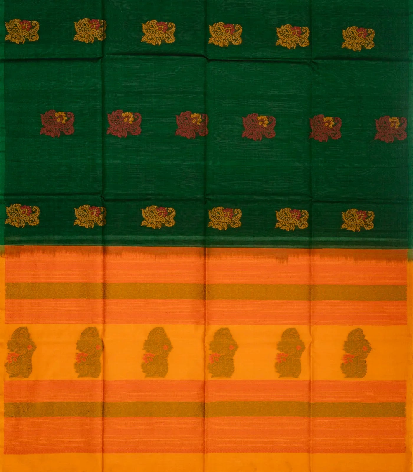 Green Handloom Kora Silk Cotton Saree With Floral Motifs