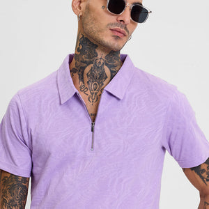 Lavender Self-Design Zipper Polo T-Shirt