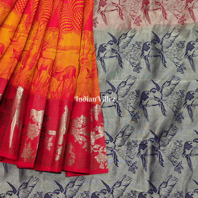 Red Orange Forest Theme Pure Kanchipuram Silk Saree