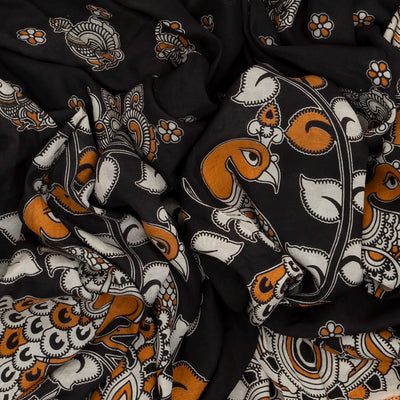 Black Handloom Kalamkari Cotton Saree With Printed Peacock Motifs