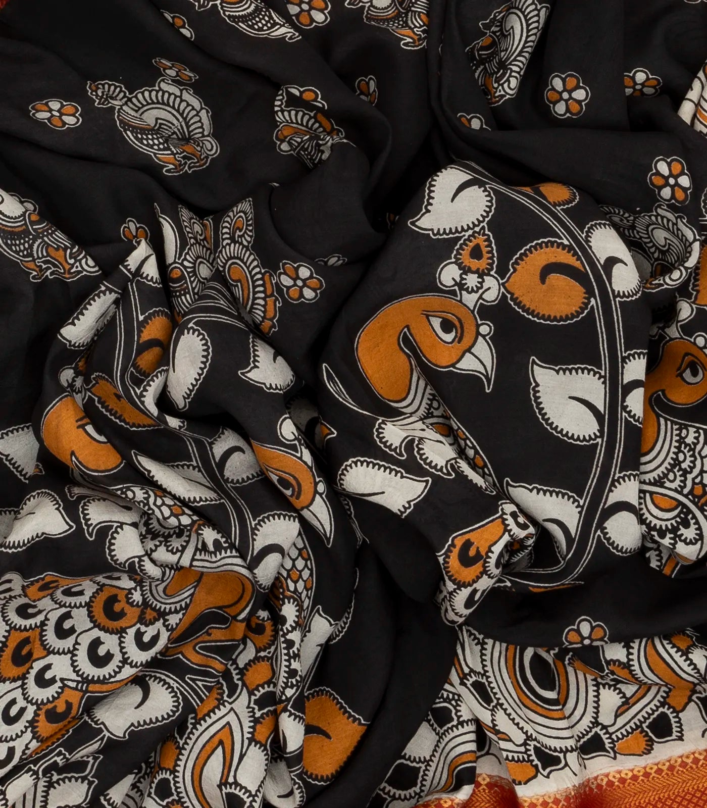 Black Handloom Kalamkari Cotton Saree With Printed Peacock Motifs