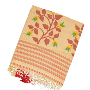 Beige Handloom Bengal Cotton Saree With Plus Buttas