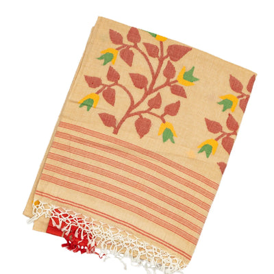 Beige Handloom Bengal Cotton Saree With Plus Buttas