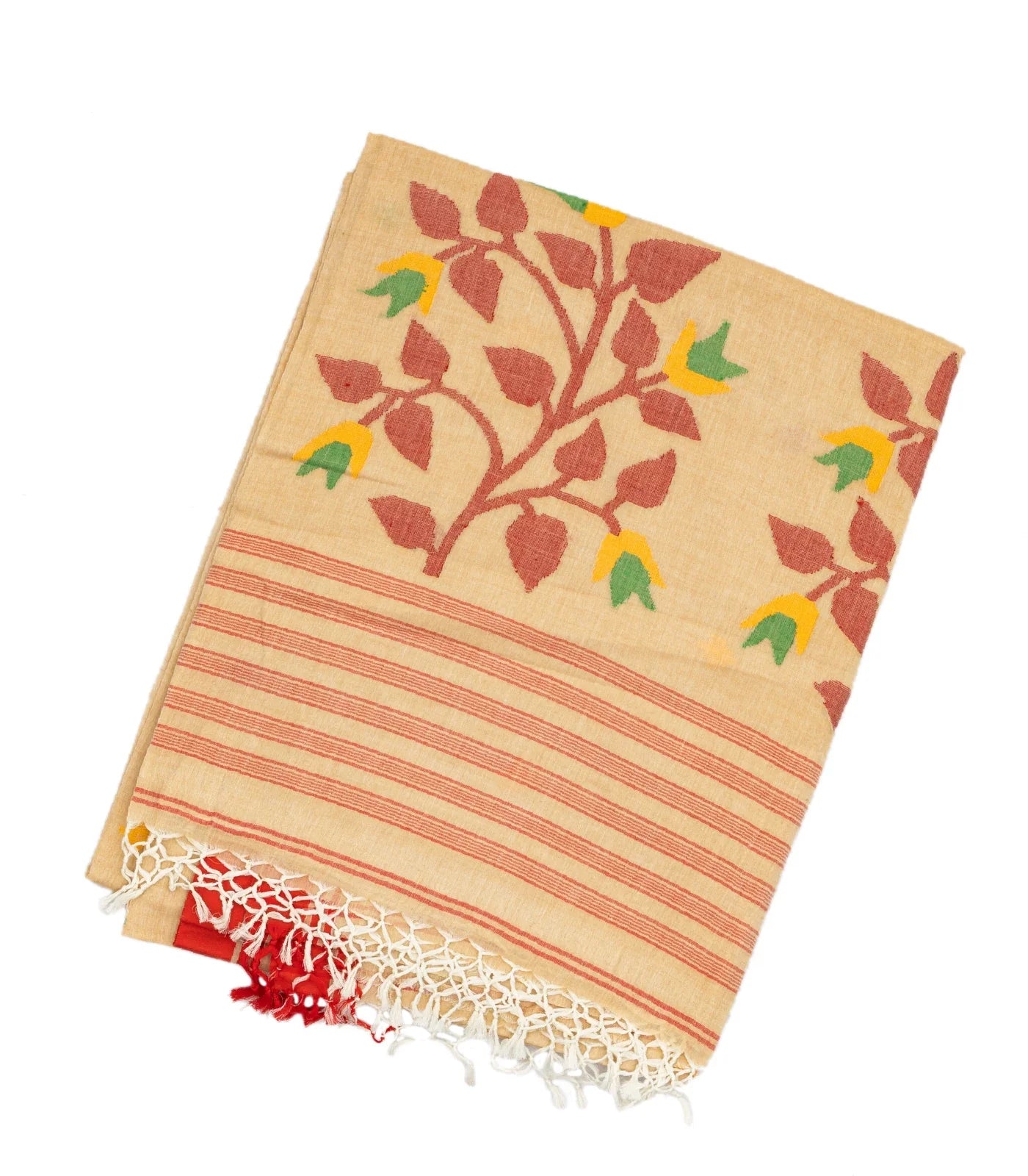 Beige Handloom Bengal Cotton Saree With Plus Buttas