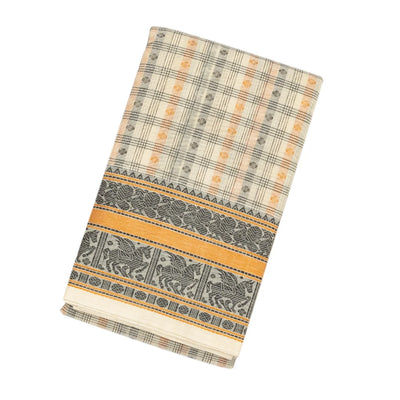 Off White Handloom Kanchi Cotton Saree With Checks & Kamalam Motifs.
