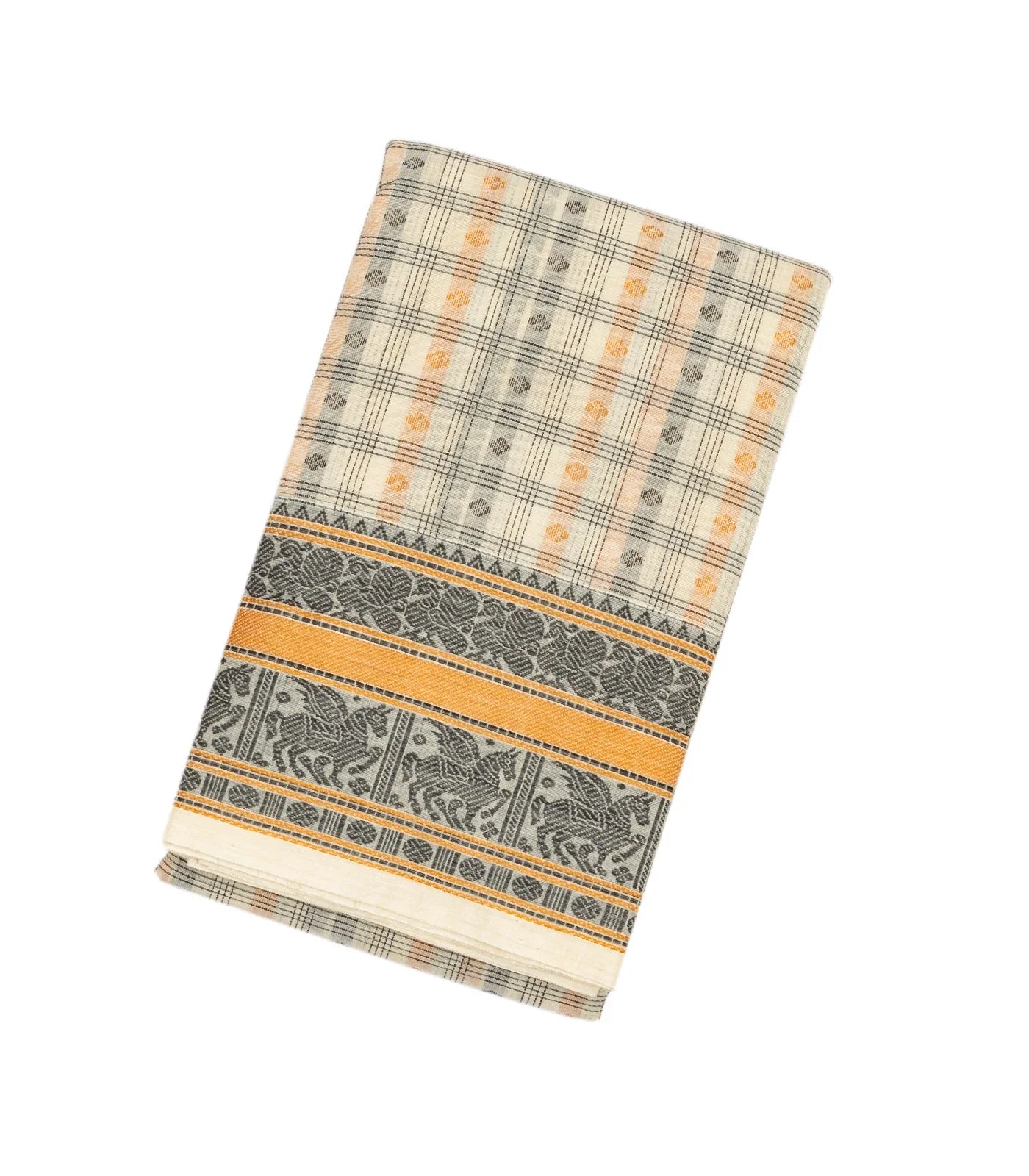 Off White Handloom Kanchi Cotton Saree With Checks & Kamalam Motifs.